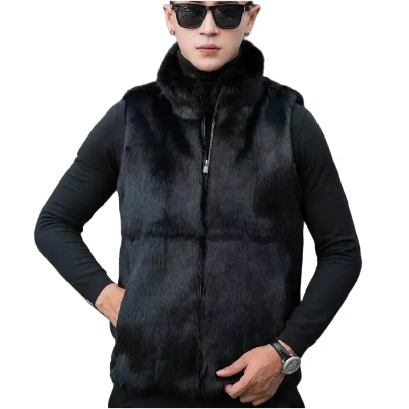 New 100% Real Genuine Natural Rabbit Fur Vest With Hood Men Fashion Jacket Outwear Overcoat