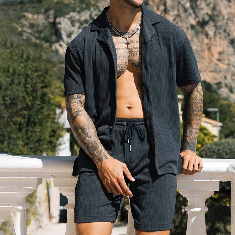 Summer Men's New Solid Color Casual Lapel Short-sleeved Shirt Shorts Men's Suit