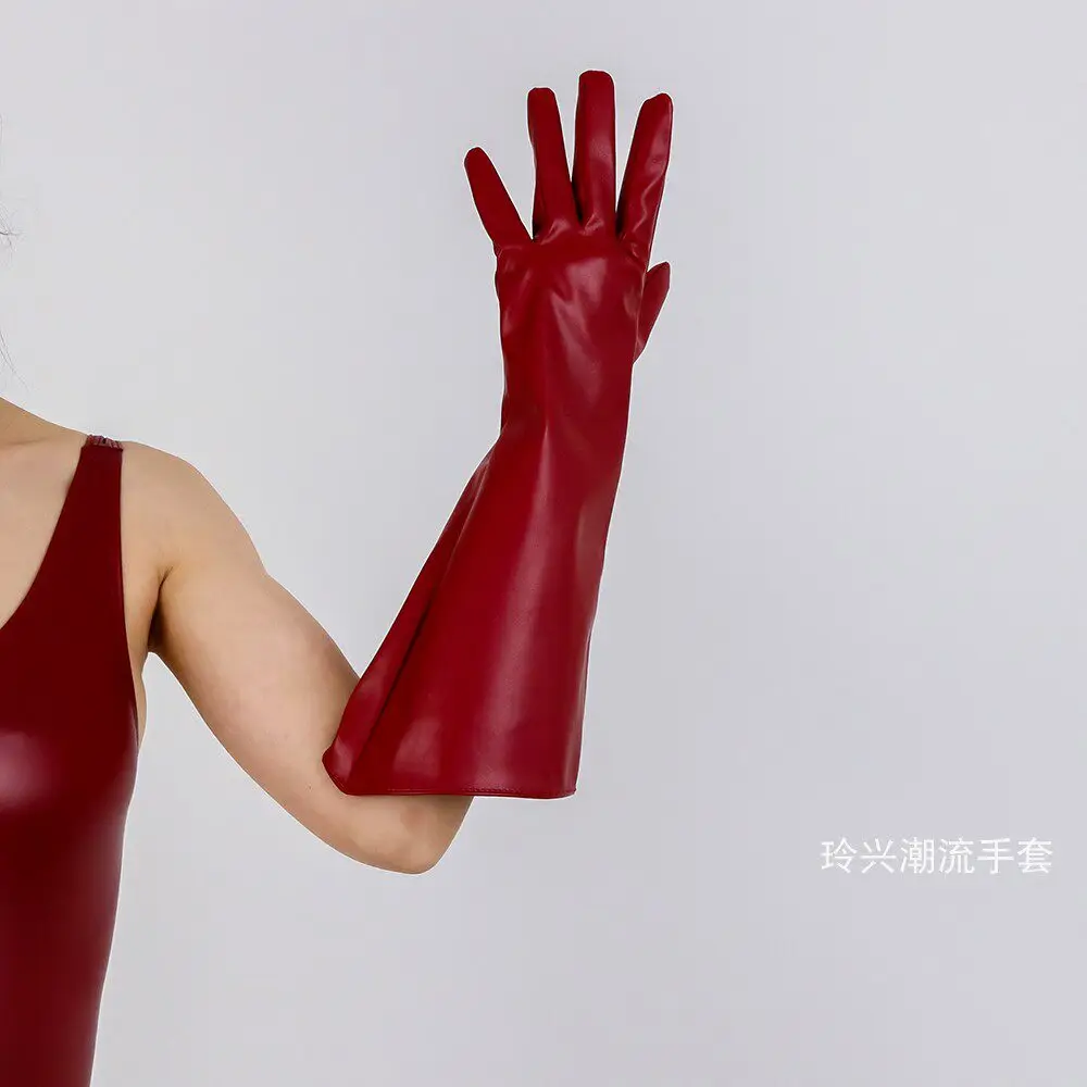 15 Zoll (38 cm) lange modische Handschuhe aus Kunstleder, PU, hellviolett, Lavendel, Flieder, Puffärmel, weit, locker, große Größe, Nachtclub, sexy – Detail 2