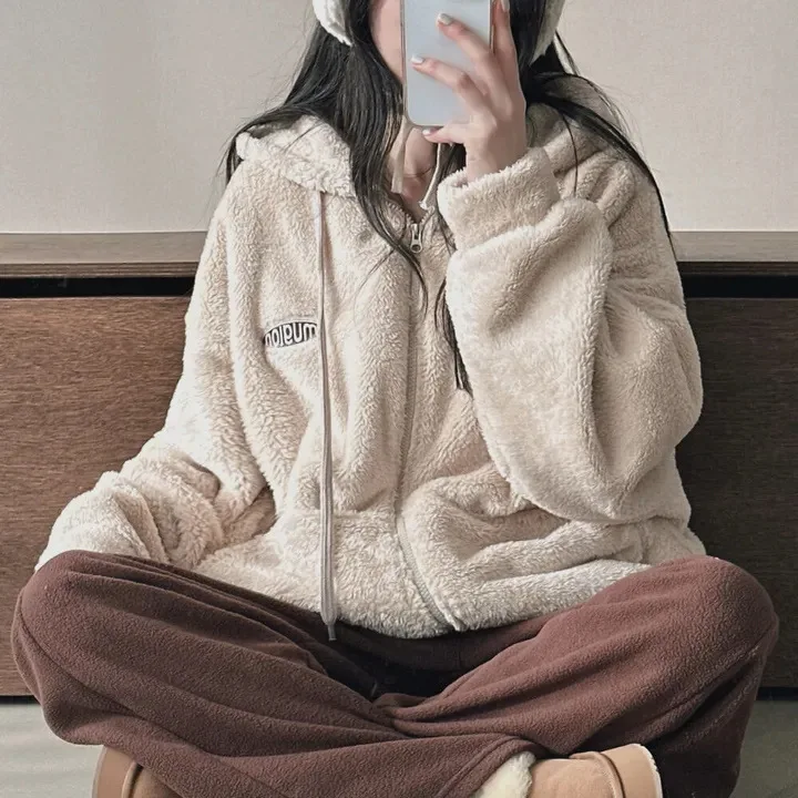 

4-Color Korean Style Letter Embroidery Hooded Open Cardigan Zipper Jacket Women's Lamb Velvet Loose Long Sleeve Mid-Length Sw...