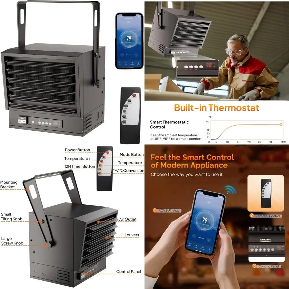 

Мощный цифровой потолочный гаражный обогреватель мощностью 10000 Вт с дистанционным управлением, подключением к Wi-Fi, термостатом и 12-часовым таймером для