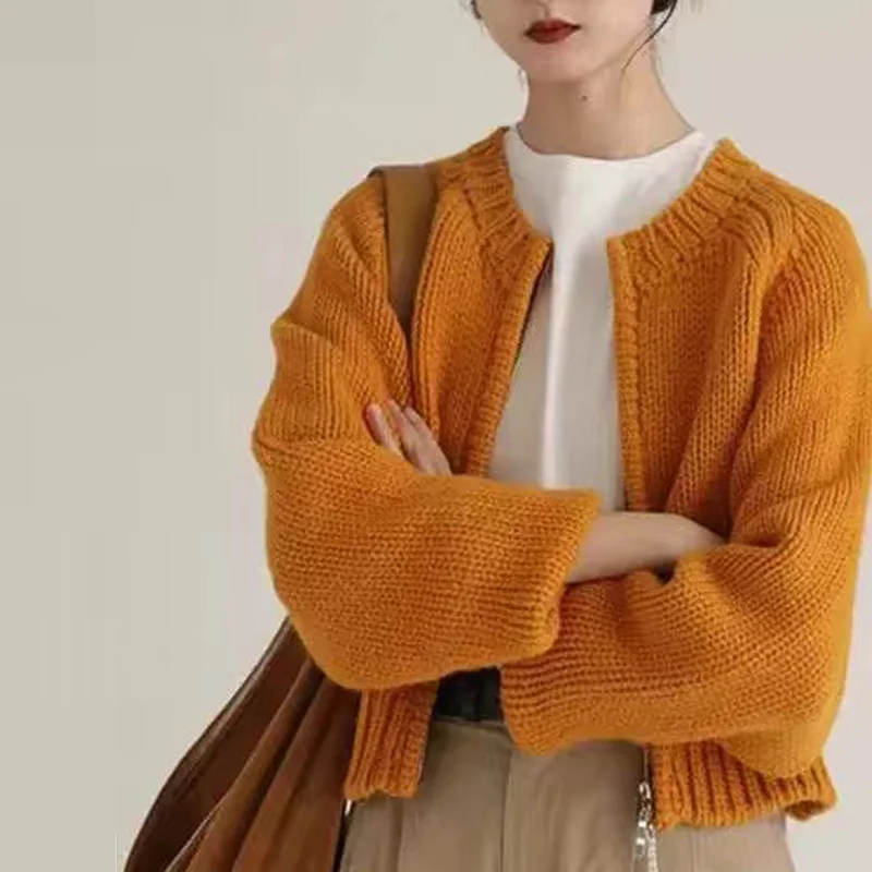 

Women's 100% Merino Wool Short Cardigan Round Collar Jacket Sweater Autumn Winter Loose Warm Cashmere Knitwear Female Top Coat