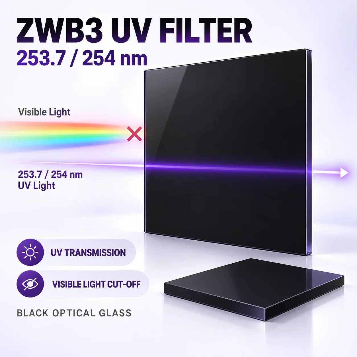 ZWB3 253.7nm 254nm UV Transmission Filter Black Optical Glass Visible Light Cutoff for Analyzers Sensors Optical Instruments