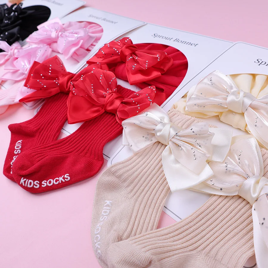 2PCS/Set Bow Baby Turban Cap Socks Korean Solid Color Newborn Boy Girl Headscarf Hats Soft Cotton Infant Bowknot Mid Tube Socks