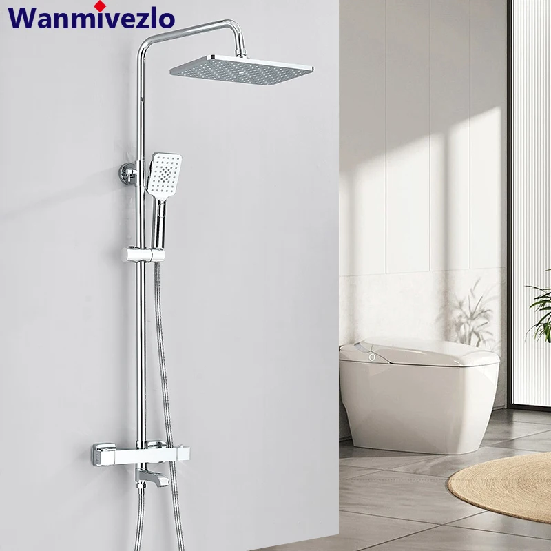 

Thermostatic Shower Faucet Bathroom Rotate Bath Tub Spout Rainfall Shower Head Square Dual Handle Mixer Tap