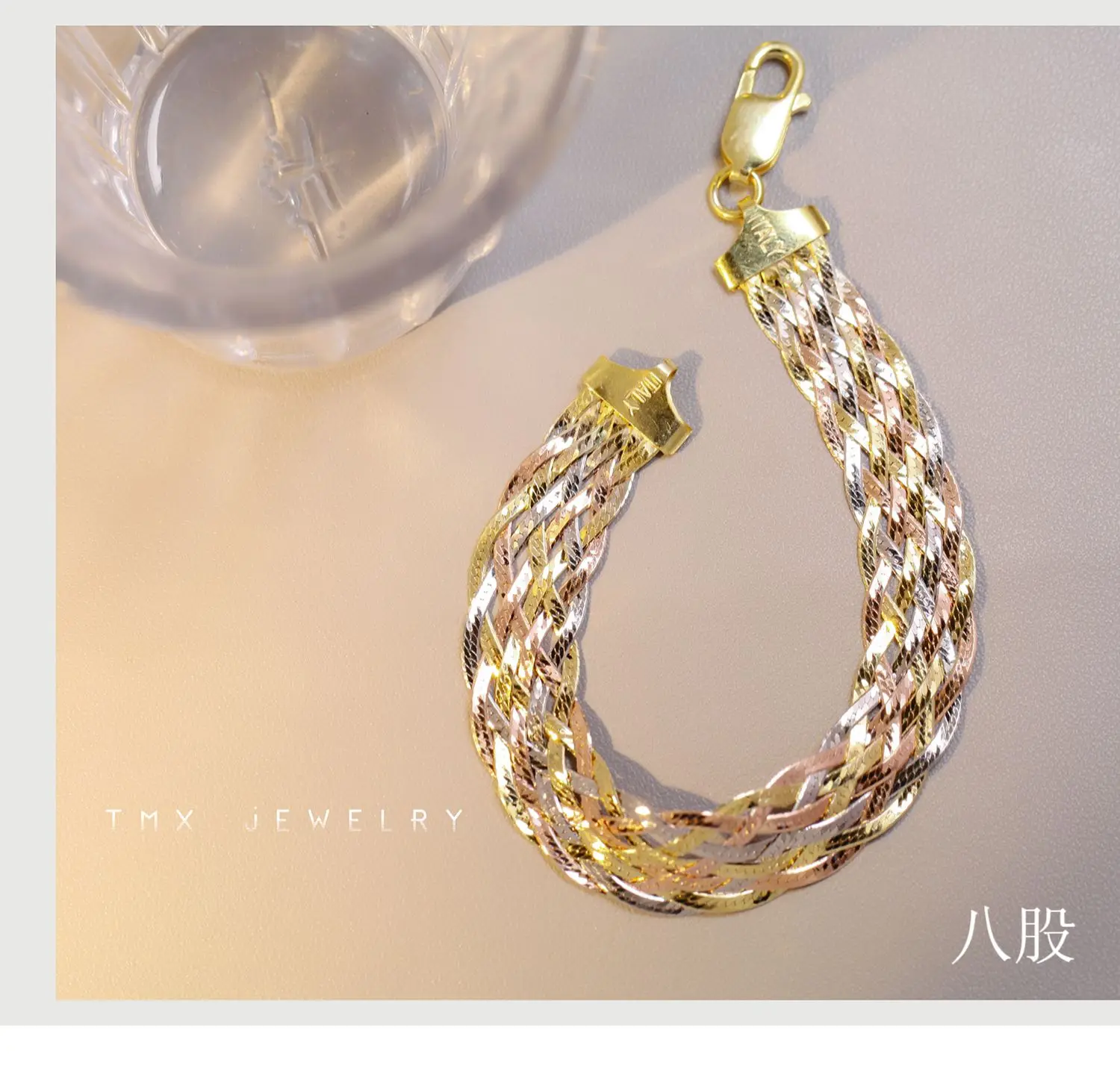 Y カラフルな s925 スターリングシルバー メッキ トリコロール ゴールド ウーブン ブレスレット 女性用、ワイド バージョン、光沢のあるジェンダーレス ジュエリー