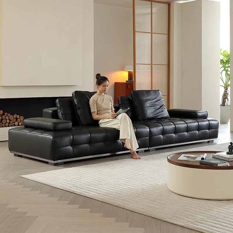 Lawrence black leather sofa Italian minimalist living room straight row module combination designer first layer cowhide sofa