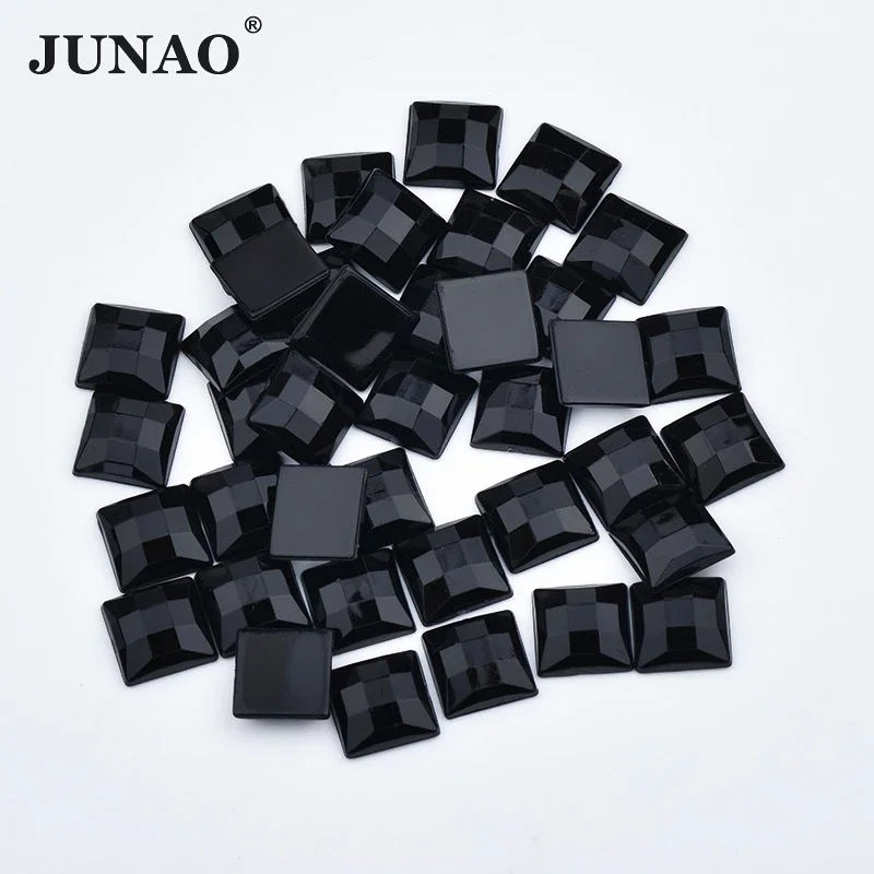 JUNAO 8 10 12 14 16 millimetri Nero Piazza Strass Acrilico Posteriore Piana Gems Non Cucito di Cristallo Applique Sfaccettatura Pietre per