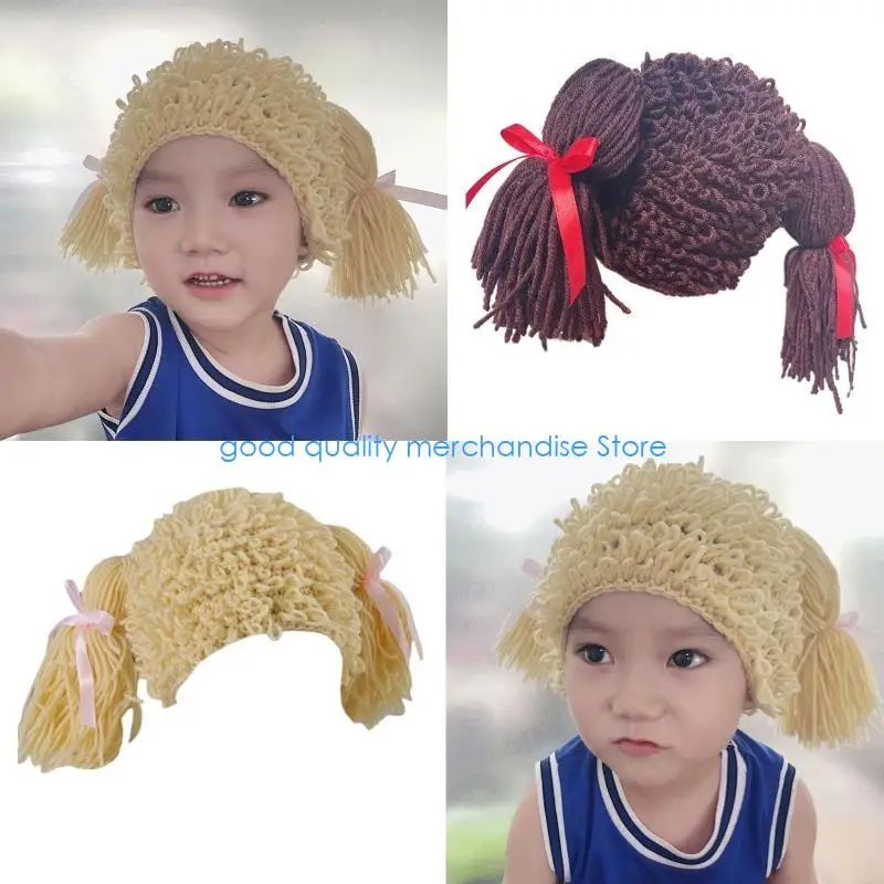 Y5JD طفل ضفيرة شعر مستعار الكروشيه غطاء شعر مستعار ضفيرة شعر مستعار مجعد قبعة اليدوية غزل الصوف محبوك جديلة شعر مستعار قبعة