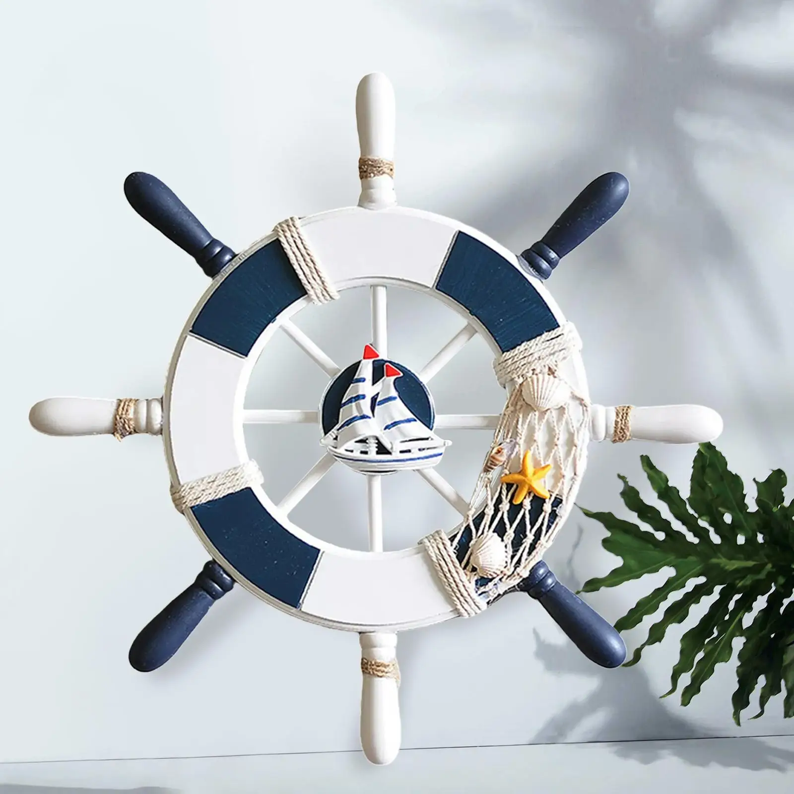 Nautisches Schiffsrad aus Holz, Wandbehang, marineblaues Dekor, rustikale Strandhaus-Dekoration für das Heimbüro
