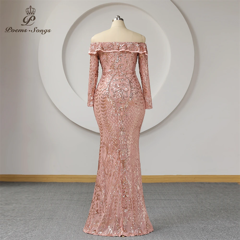 Rose Gold Sequins Long Sleeves Evening Dress Mermaid Ruffle Off Shoulder Plus Size Women Trumpet Prom Dresses Party Maxi dress