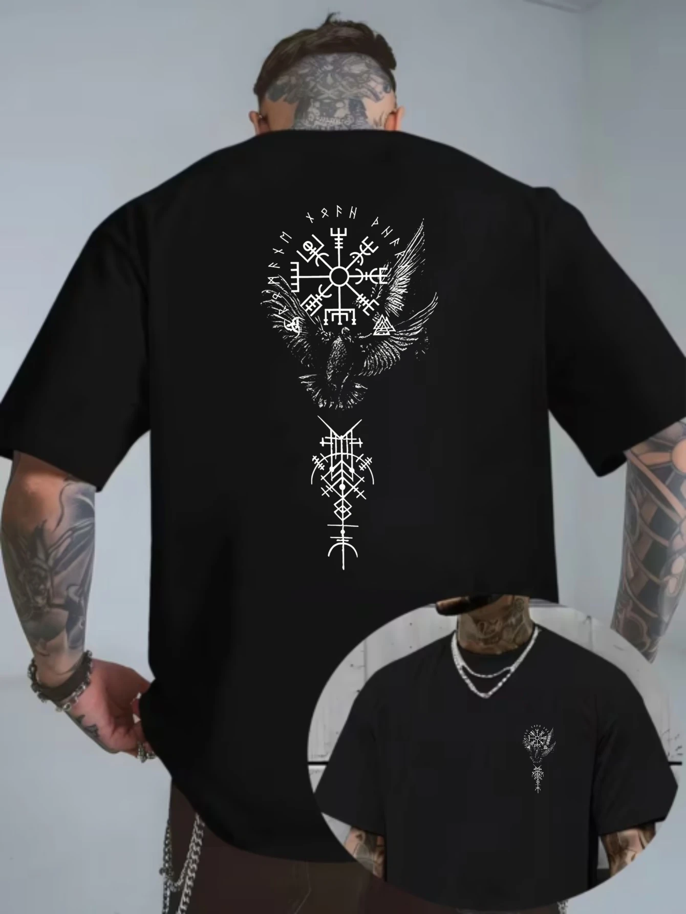 Viking Runes Compass Eagle Wings Symbolic Design with Tribal Elements and Mystical Patterns Suitable for Daily Wear