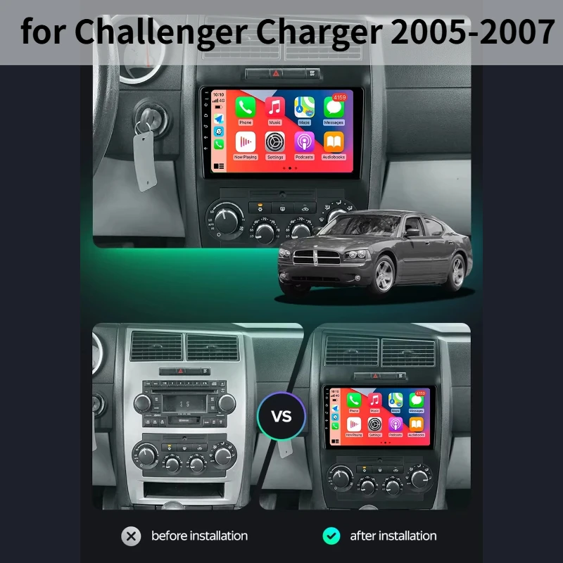 

9-дюймовая автомобильная стереосистема FM/RDS с поддержкой Carplay и Android Auto, 4 ГБ + 64 ГБ, Android 15, GPS-совместимость для Challenger Charger 2005-2007