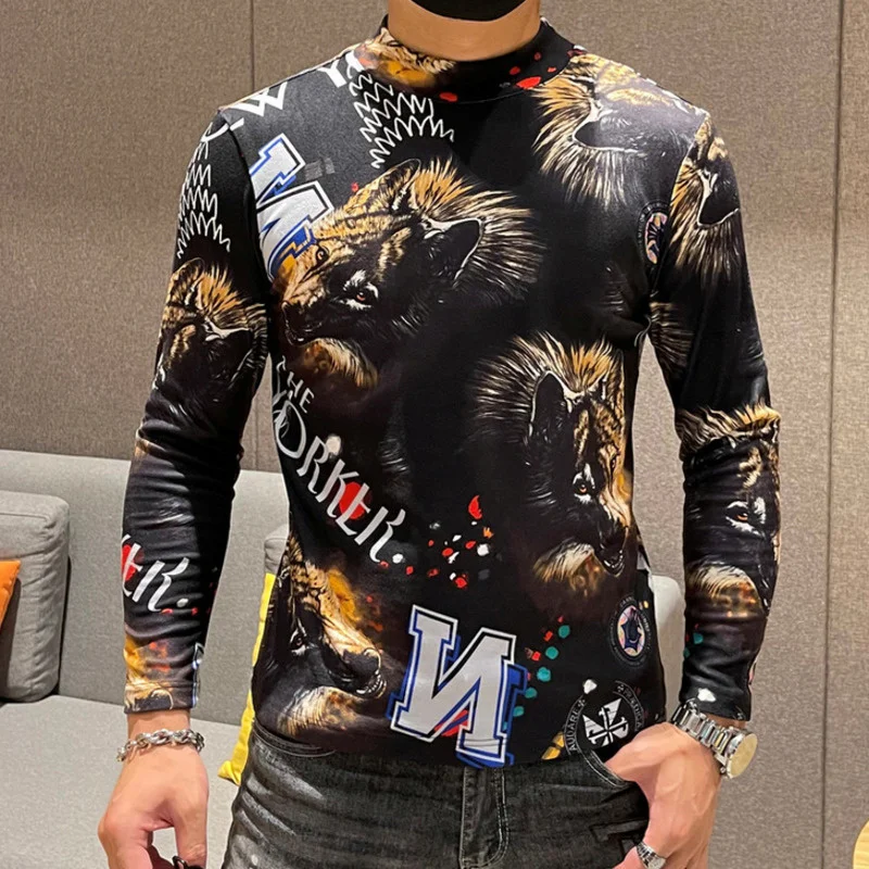 Tshirt Animal Club Print Outfit Men Long Sleeve Turtleneck Luxury Velvet T Shirt Men Double Sided German Velvet T Shirt Homme