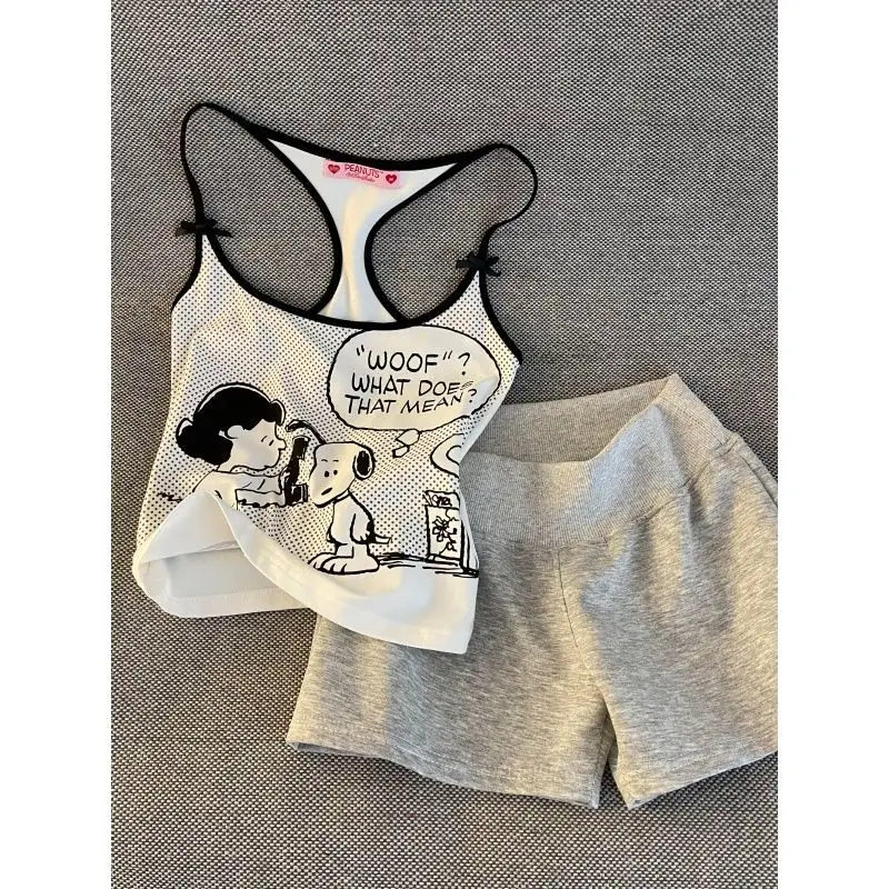 

Snoopy Dog American Tank Top Strap Women's 2026 New Slim Fit Knot Outer Coat Inner Small Top Breathable Shorts Home Clothes Set