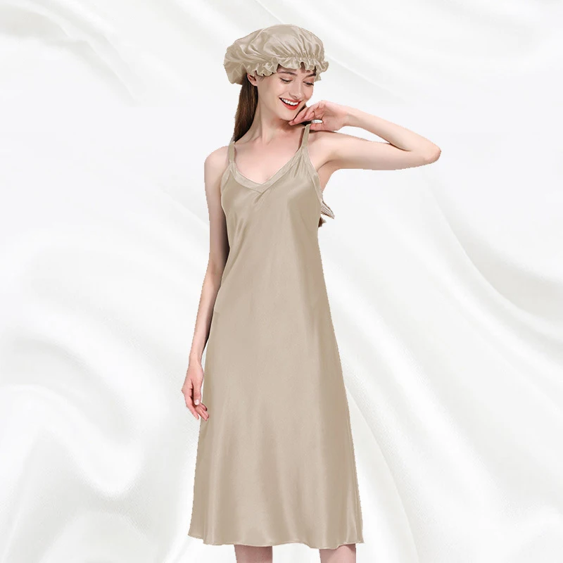 

22 Momme V-Neck Silk Long Night Dress With Layer