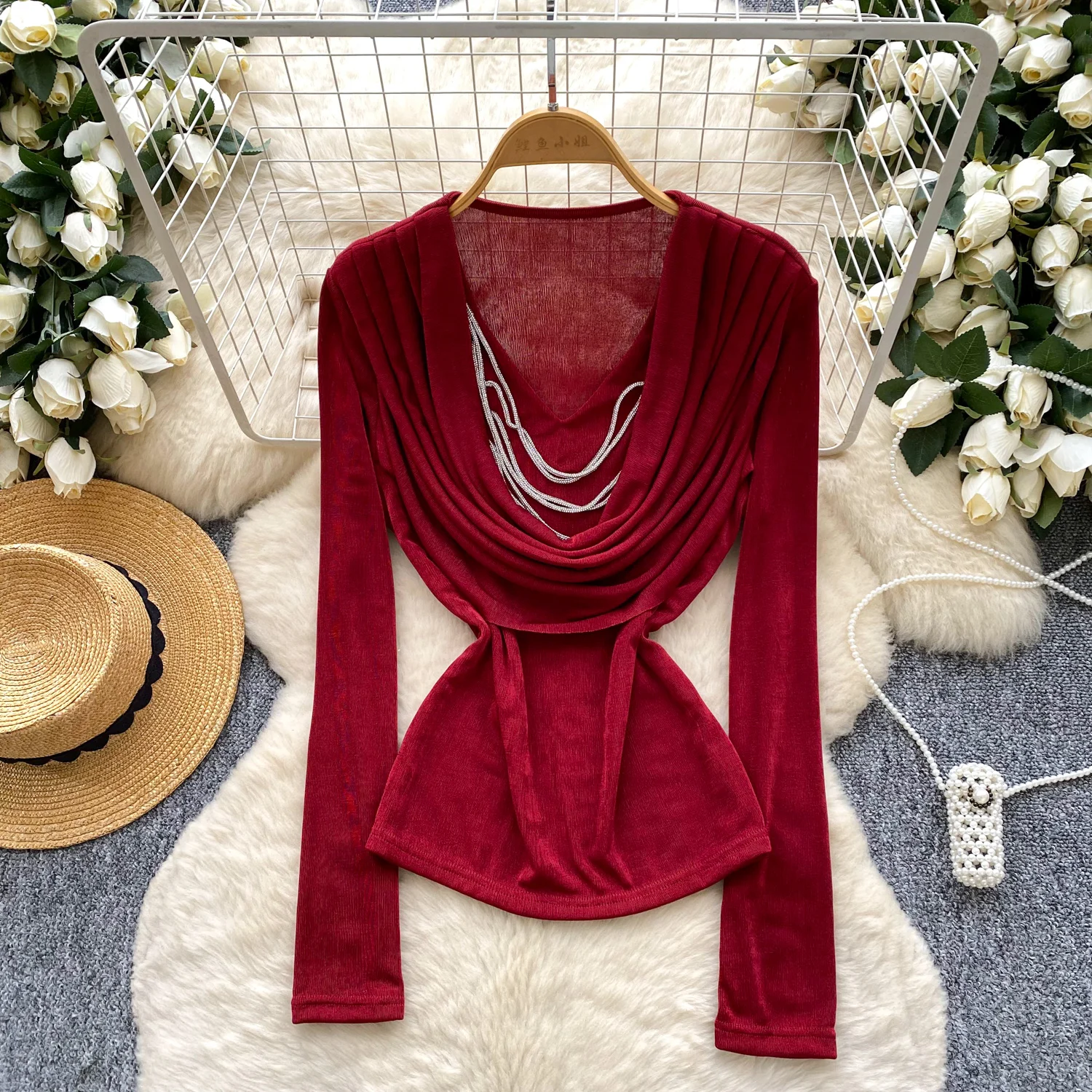 

Vintage Elegant swinging collar chain Top Korean Streetwear High Street Autumn Basics T-Shirts