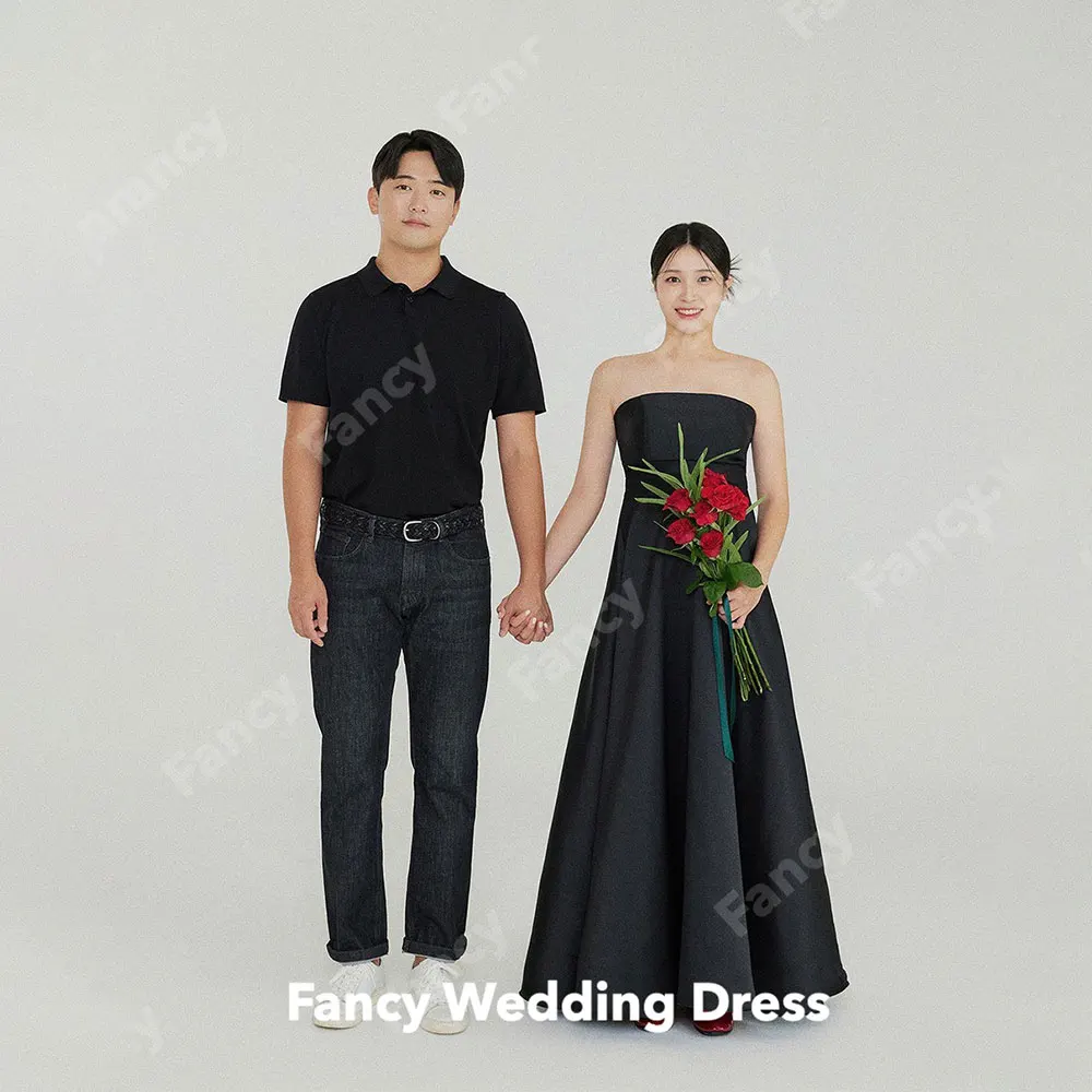 

Fancy Simple A Line Black Wedding Dress Korea Photo Shoot Sleeveless Satin Bridal Gown Floor Length Pregnant Women Dresses