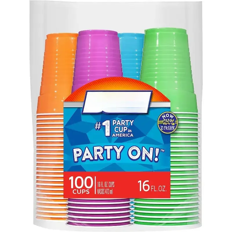 

Party On Disposable Plastic Cups, Assorted, 16 Ounce, 100 Count