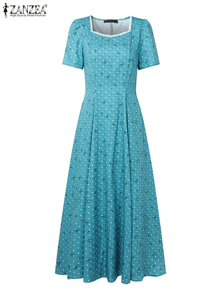ZANZEA الصيف النساء عطلة فستان طويل 2025 البوهيمي الأزهار المطبوعة ألف خط فستان الشمس ساحة طوق قصيرة الأكمام الشاطئ Vestidos