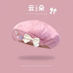 Ins Sweet Bow Oversized Cloud Berets Cap Summer Travel Versatile Dopamine Pink Show Face Small Retro Octagonal Hats Women