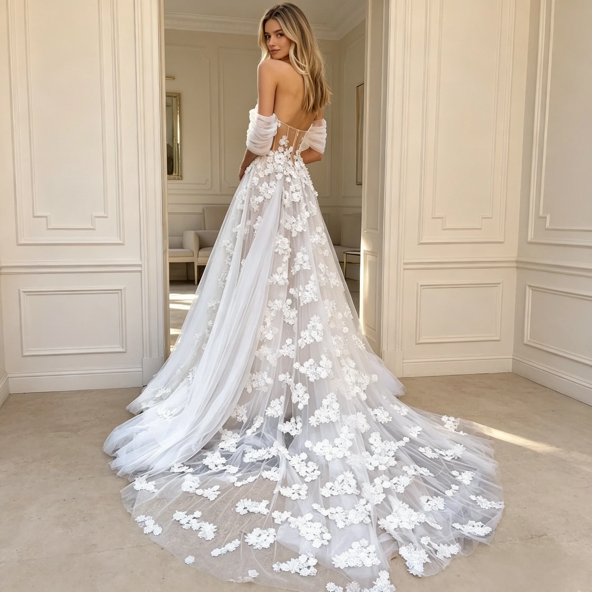 Romantic Off Shoulder 3D Floral Corset Tulle A-line Wedding Gown Glitter Tulle High Slit Cathedral Train Bridal Gown Customizabl