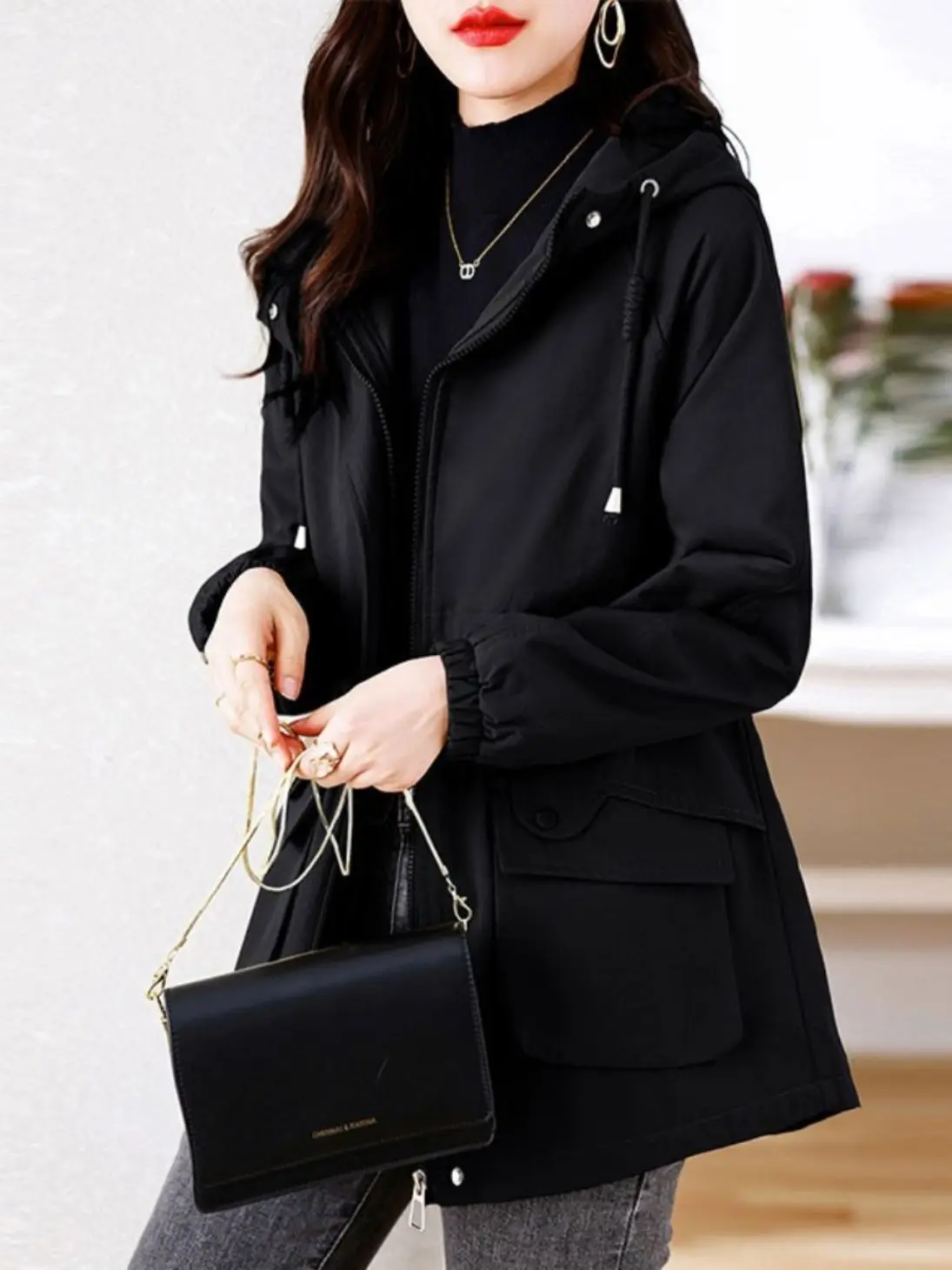 

2025 Spring and Autumn Women's Windbreaker Jacket Commuter Hooded Work Jacket