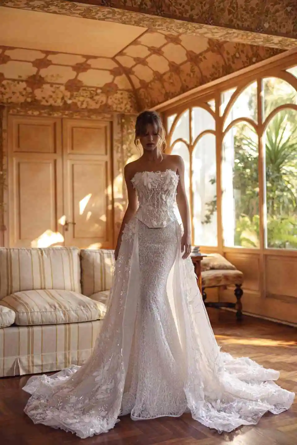Elegantly Wedding Dresses Chiffon Embroider lace Full Appliques Mermaid Detachable Train Princess Dress Customized