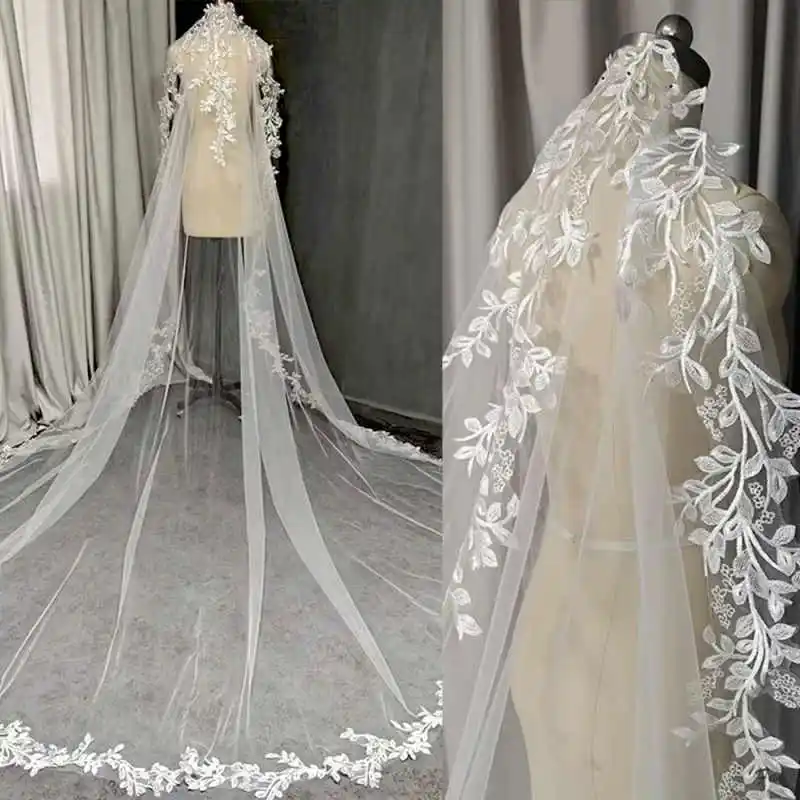 Elegant One Layer Bridal Veils Long Cathedral Length Lace Appliques Soft Tulle Veils Customized Wedding Accessories