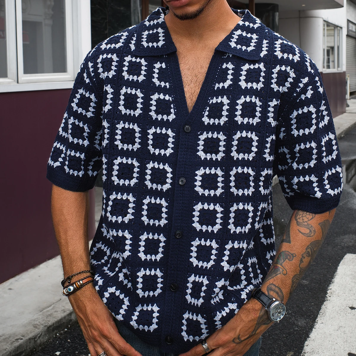 

Slavinson Men's Short Sleeves Summer Knitted Printing Fashion Short-Sleeved Breathable Casual Slim Soft Loose Tops Men US Size