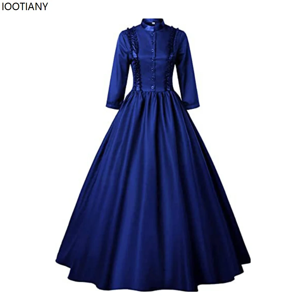 Halloween Victorian Retro Dress Medieval Court Noble Princess Cosplay Costume Solid Color High Neck Carnival Party Ball Dress Up