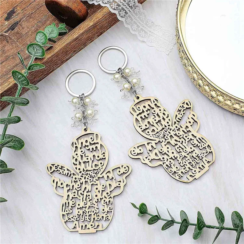

T82C Hot Sale-40Pcs Baptism Angel Key Ring Baptism Wood Keychain Baptism Favor Baptismal Souvenirs Communion Favors For Boy Or G