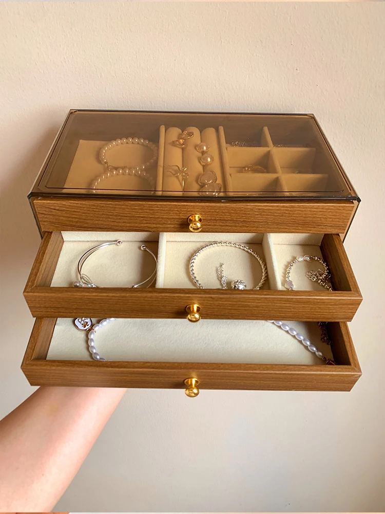 

Ретро орех, большая емкость, тройник, многослойная шкатулка для драгоценностей, органайзер для хранения серег, колец, ожерелий, браслетов, настольный аксессуар