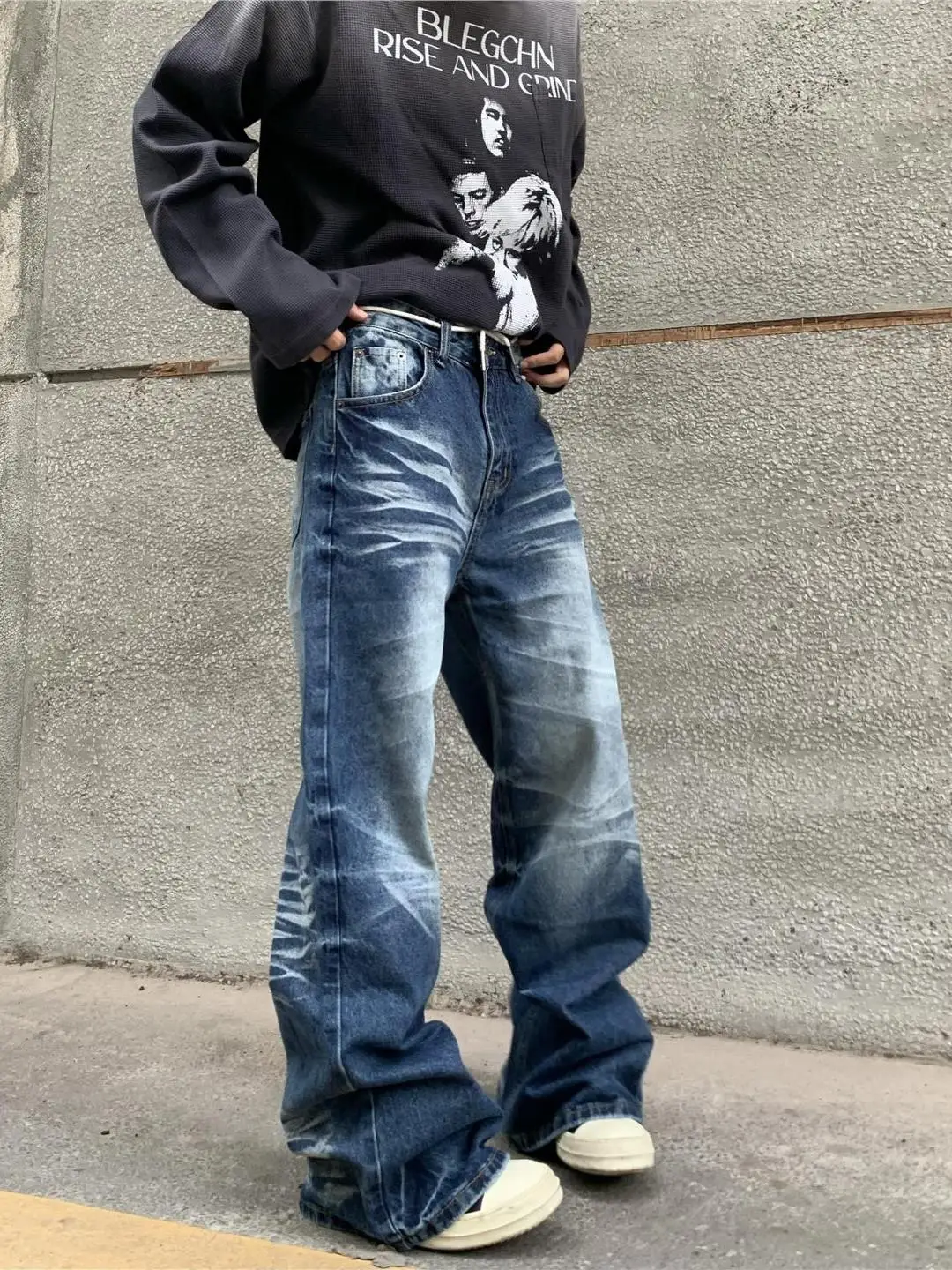 

American Sle Vintage Waed Straight Leg Casual Jeans Men's Loose Fit Long Pants High Street Cleanfit Slimming Effect