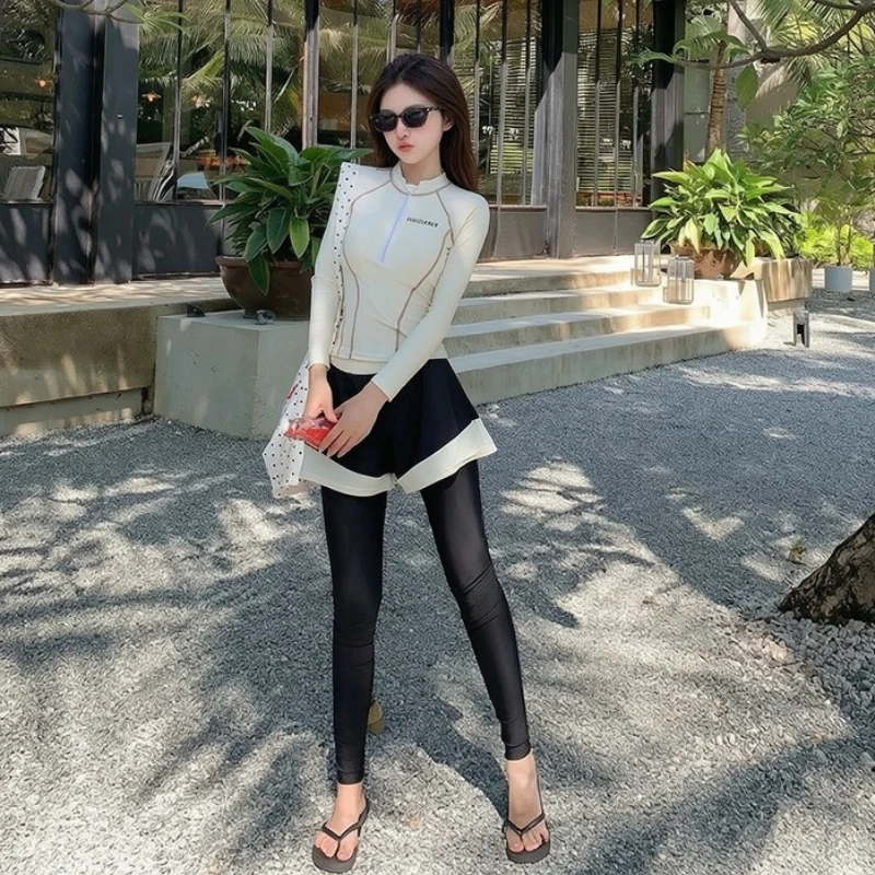 Teen Women Three Piece Swimsuit Long Sleeve Pants Sun Protection Conservative Slim Casual Beach Outdoor Swimming Bathing Suit