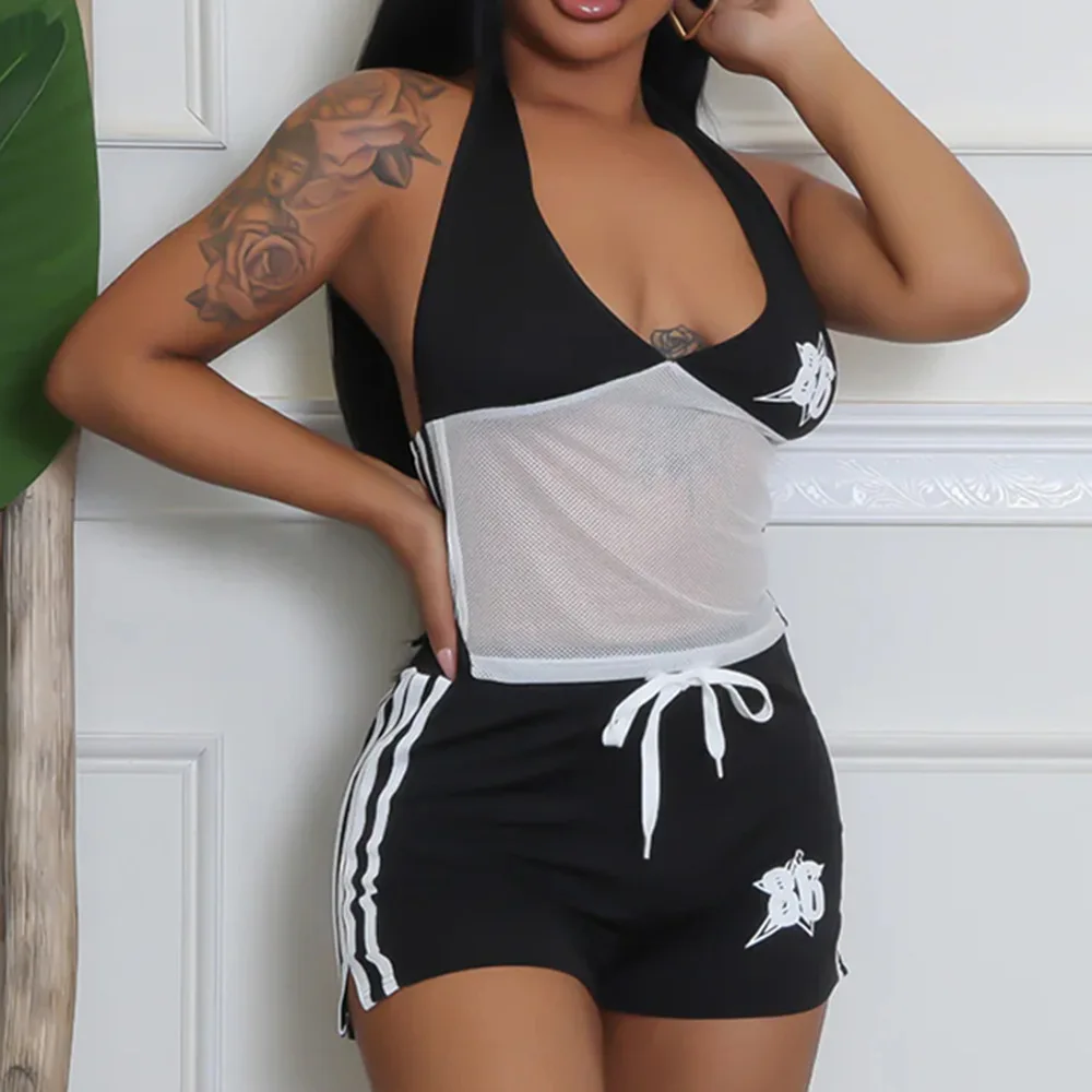 

Patchwork Halter Two Piece Short Sets Women Sexy Letter Crop Top 2025 New Arrival Casual Fashion Pant Female 2 Piece Outfit Set