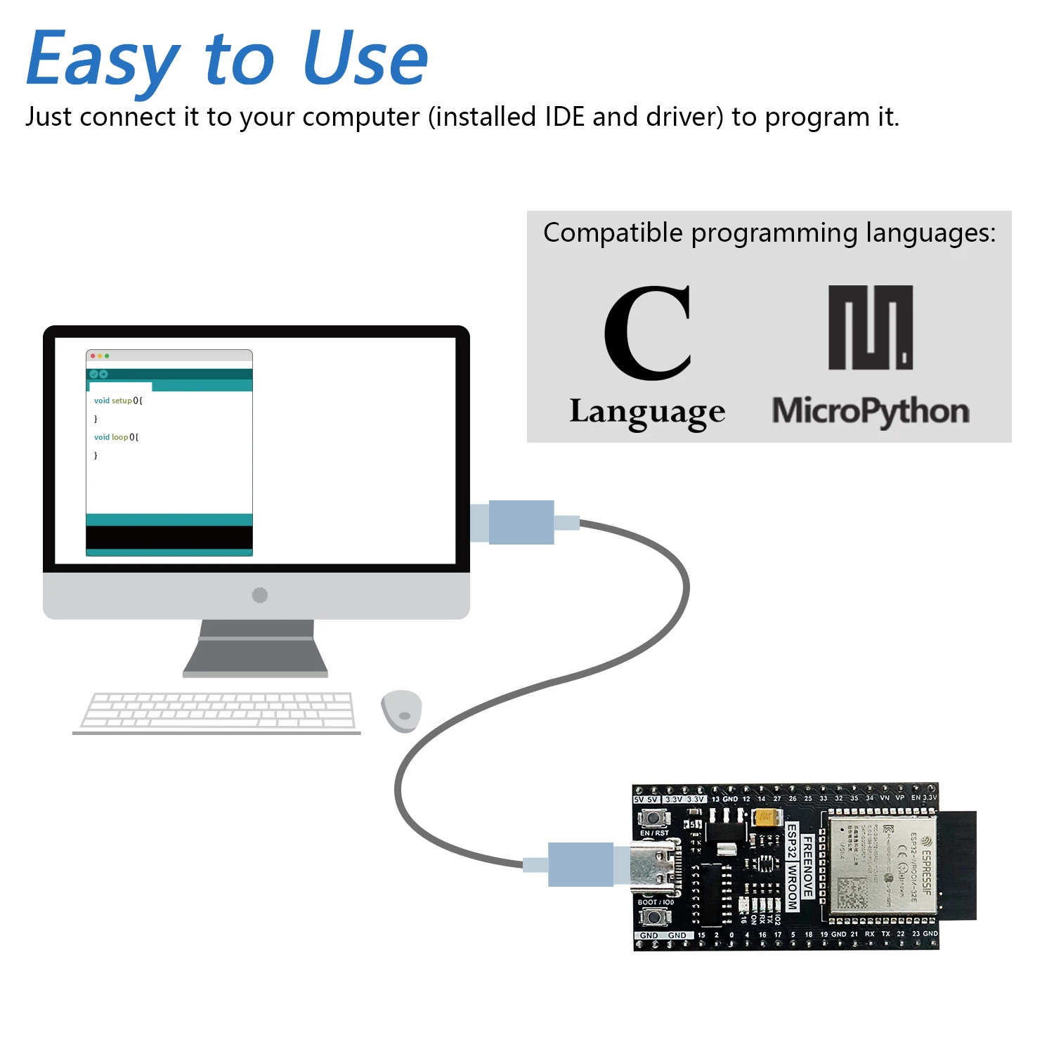 Freenove ESP32-WROOM Wireless Board, Dual-core 32-bit 240 MHz Microcontroller, Python C Code, Example Projects Tutorial