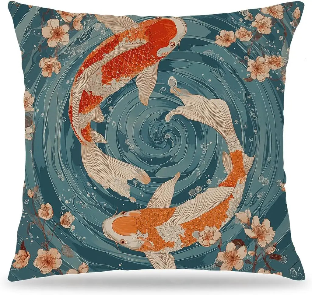 Aesthetic Koi Fish Pillowcase Blue Water Pond Floral Cherry Blossom Japanese Art Cushion Cover Home Decor