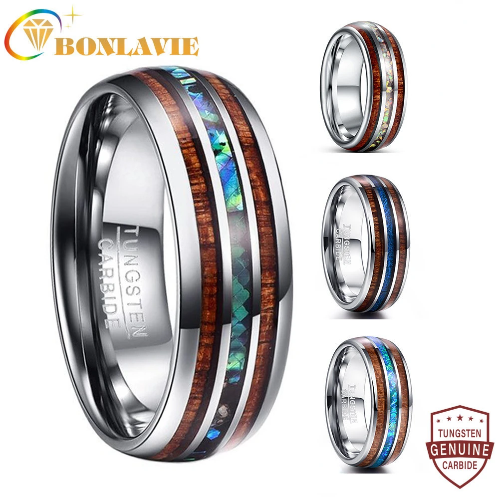 BONLAVIE  8mm Width Hawaiian Koa Wood and Abalone Shell Tungsten Carbide Rings Wedding Bands for Men Comfort Fit Size 4-17