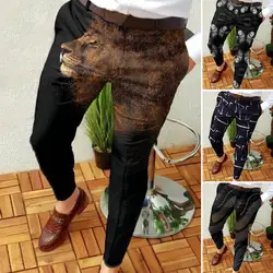 Suit Pants Trousers Mens Spring Autumn Fashion Retro Abstract Print Stretchy Bottoms Slim-fitting Pockets Trousers for Business