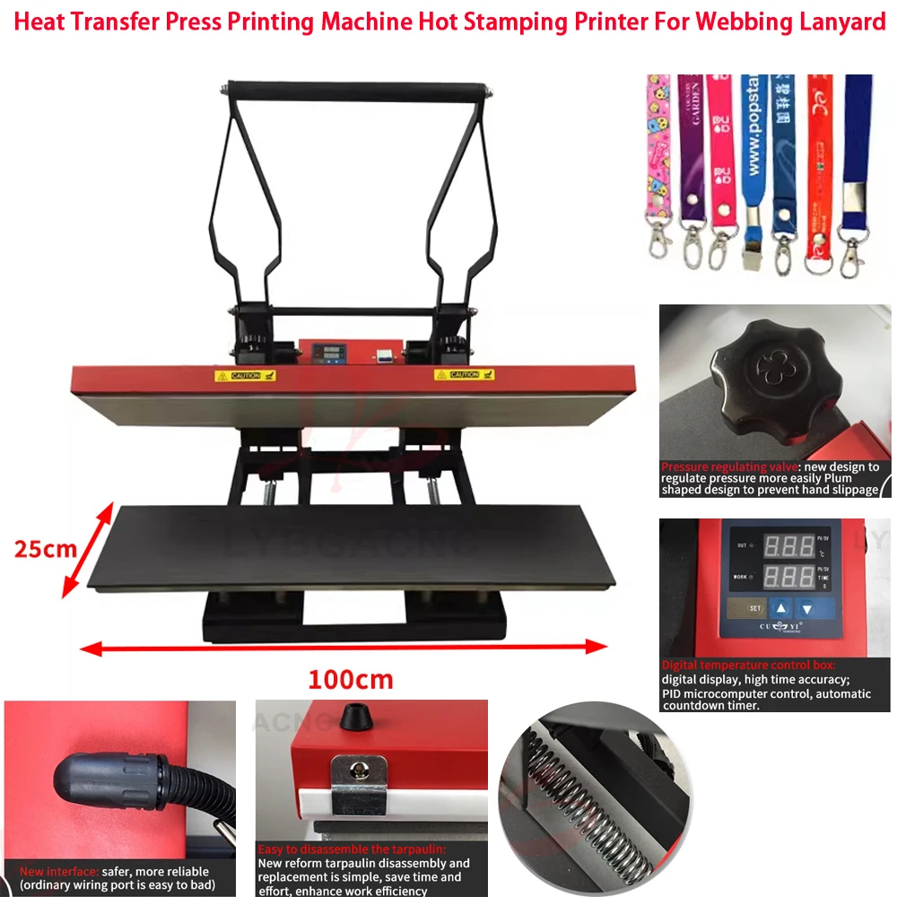 Webbing Lanyard Heat Transfer Press Printing Machine Hot Stamping Printer 250x1000MM Foil Pattern Device 3800W 220/110V 25x100CM