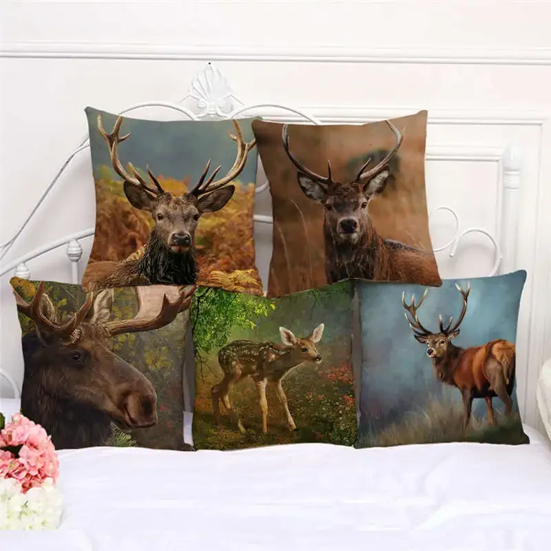 Wildlife Pillowcase Cute Deer Moose Face Cushion Cover Home Living Room Decor  Decoration 45x45cm