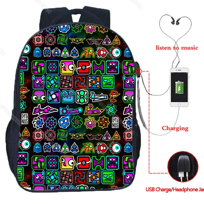 Angry Geometry Dash USB Backpacks for Girls Boys Students Anime Game School Bags Teens Travel Knapsacks Kids Cartoon Bookbags