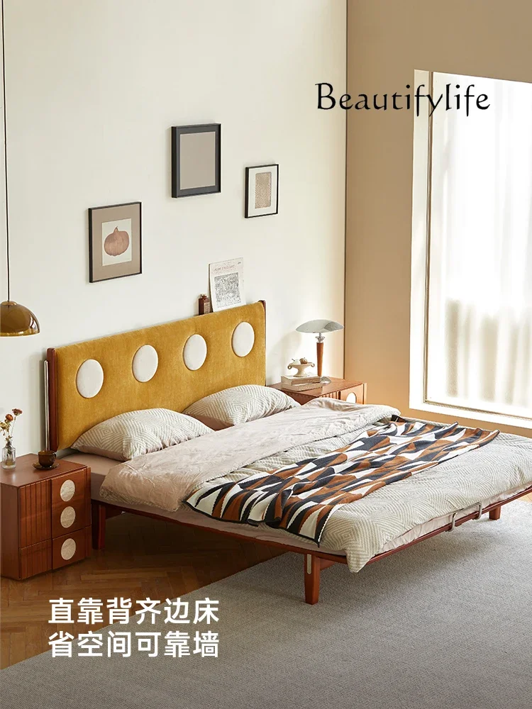 N42 Solid wood flush bed small apartment second bedroom medieval soft bag double bed edgeless no bedside tatami