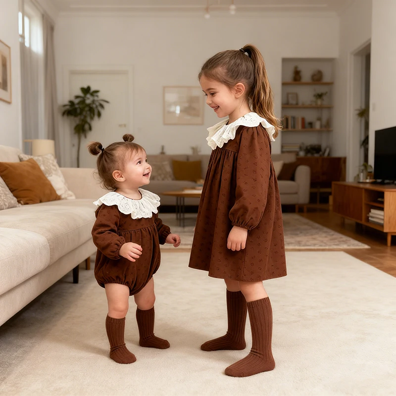 2026 neue Frühling Schwester Floral Kleidung Baby Mädchen Party Kleid Babyspielanzug Lange Ärmeln Baumwolle Großen Revers Kinder Prinzessin 0-6Y Kleid