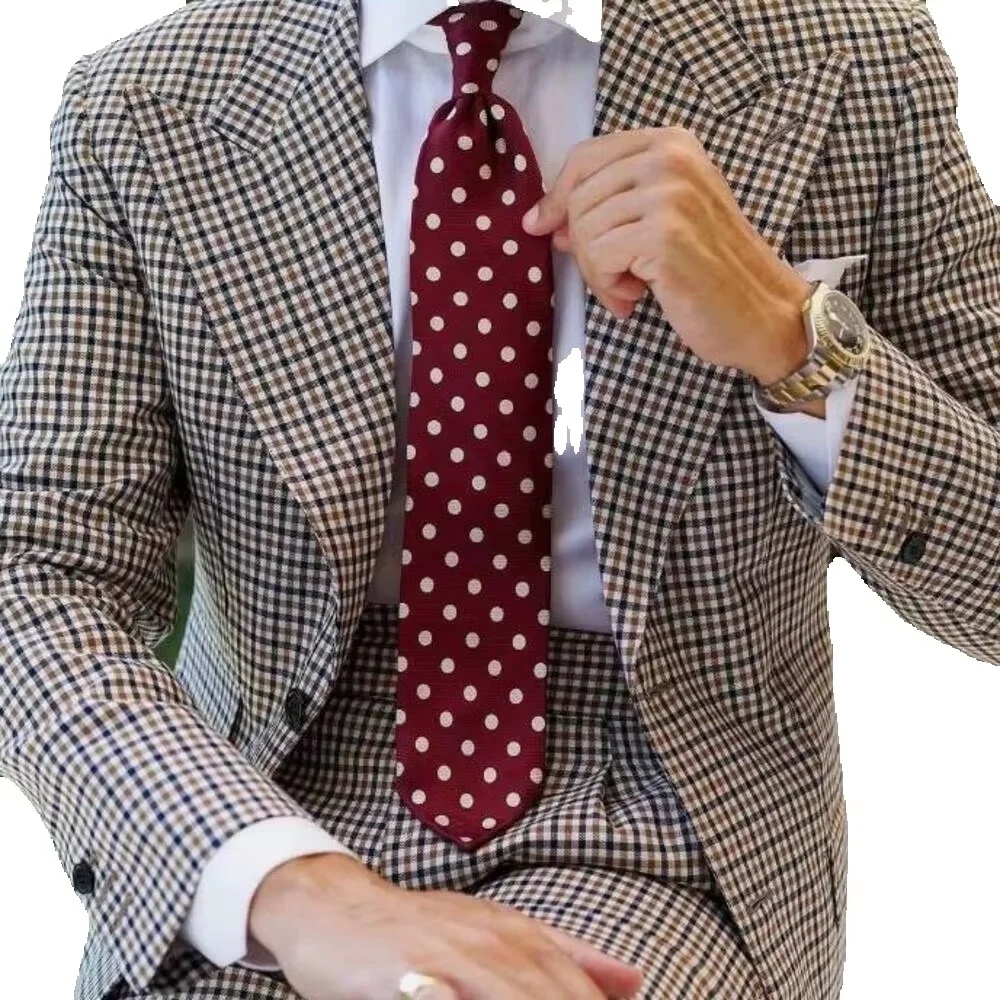 Brown Multi Tone Check Plaid Men 2 Piece Suit Wide Peak Lapel Single Breasted Tailored Fit Retro Business Wedding Customized