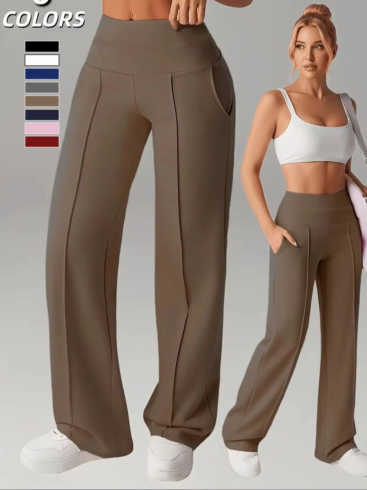 Solid Color Straight Wide Leg Pants With Pockets Womens High Waist Yoga Leggings Fitness Pilates Running Casual Sports Trousers