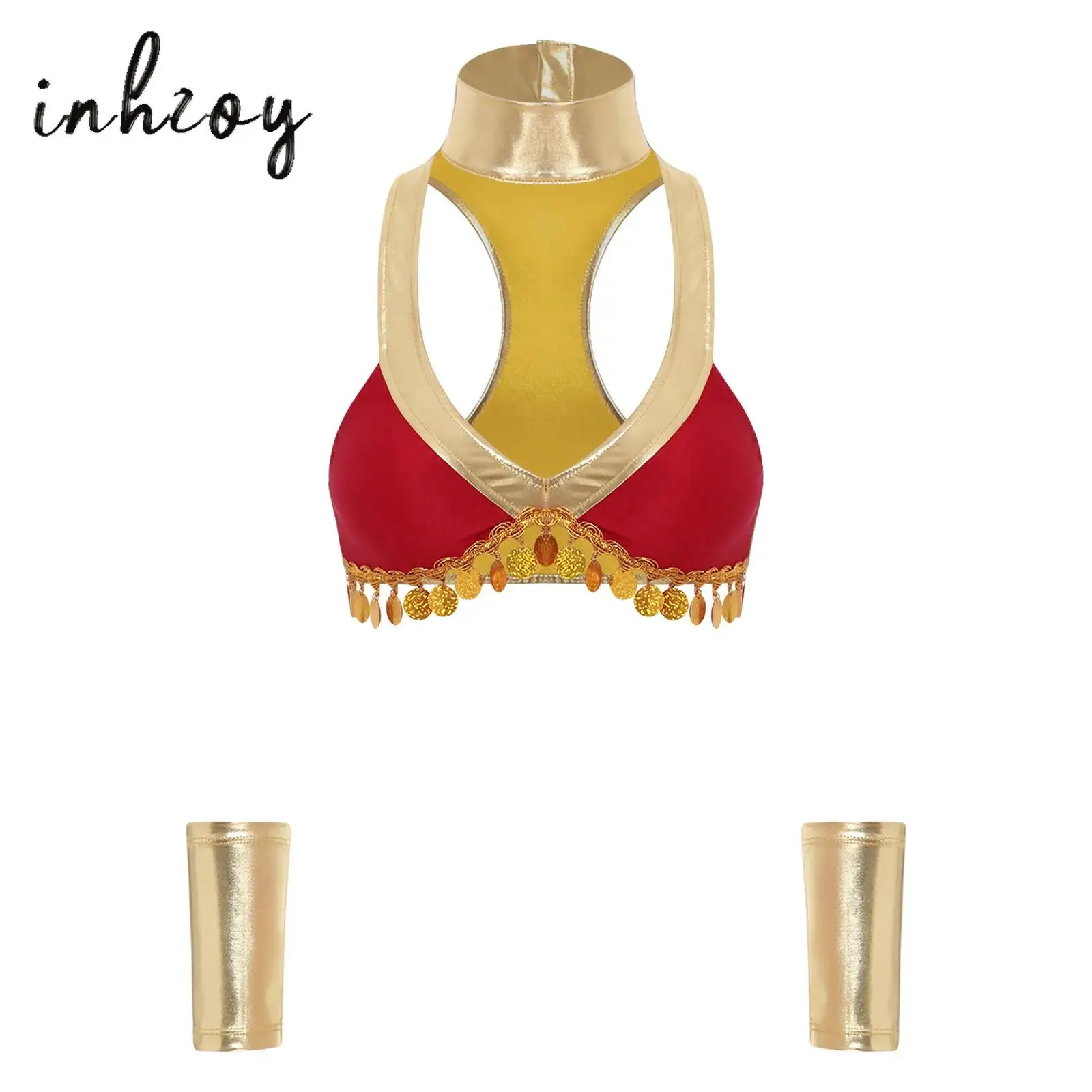 

Womens Cosplay Costume Ancient Egyptian Queen Roleplay Crop Top Collar And Wristlets Metallic Shiny Bra Top for Halloween Party