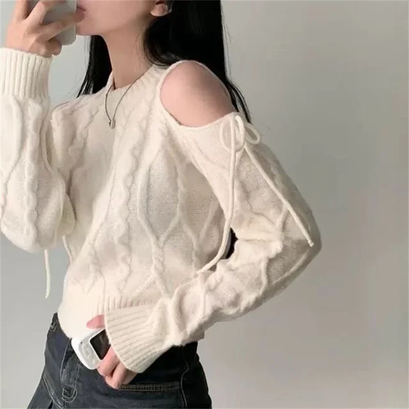 Casual O Neck Long Sleeve Knitted Tops Y2k Off Shoulder Pullover Elegant Solid Sweater Autumn Winter Korean Lace Up Knitwear