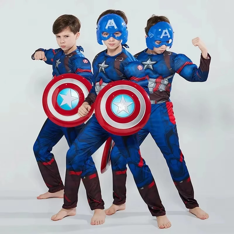 Captain America  Muscle Costume Superhero Captain America Muscle Jumpsuit Shield Cape Outfits Halloween Carnival Costumes